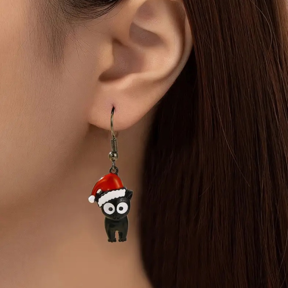 🎅🐈 SANTA HAT BLACK CAT CHRISTMAS DANGLE EARRINGS